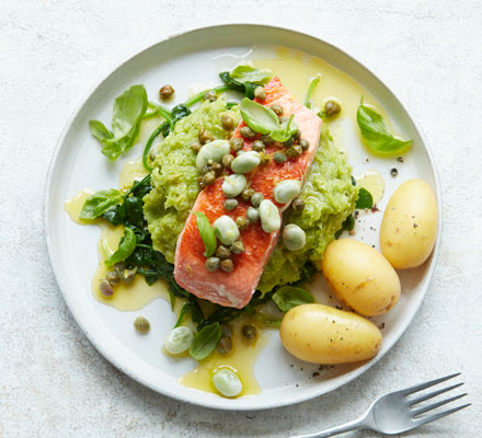 Lemon dressed salmon with leek & broad bean purée