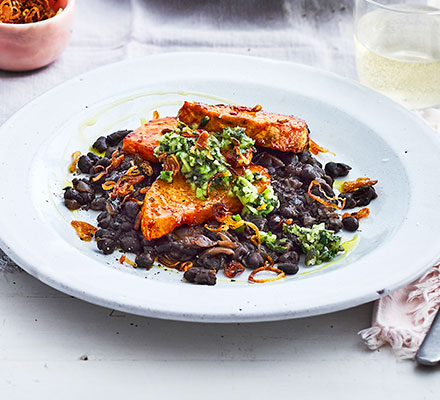 Gochujang-glazed celeriac with black beans & green salsa