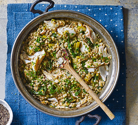 Smoked haddock, leek & barley ‘risotto’