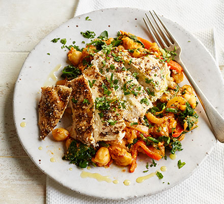 Chicken with crushed harissa chickpeas