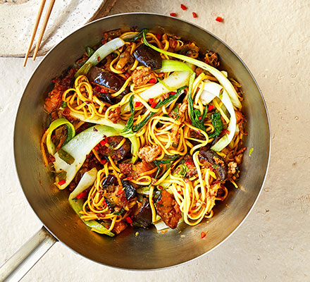 Pork & aubergine noodle stir-fry