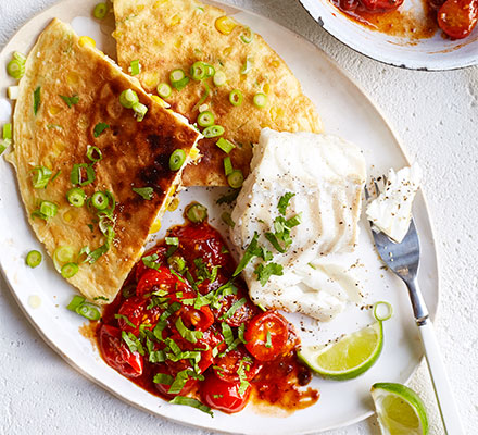 Sweetcorn fritters with chipotle cod