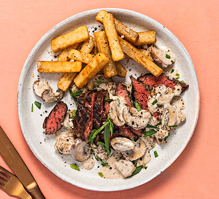 Bavette steak with chips, tarragon & mushroom sauce & watercress salad