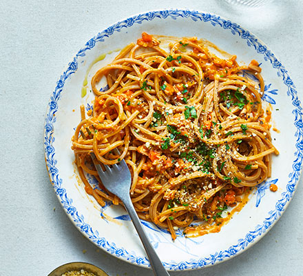 Jackfruit bolognese with vegan parmesan