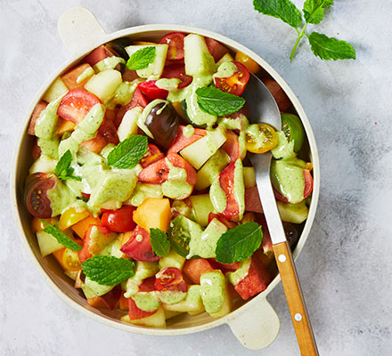 Salad of melon & tomatoes with mint & elderflower dressing