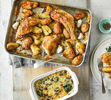 Roast chicken with squashed new potatoes & cheesy creamed spinach