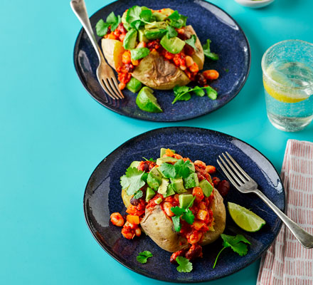 Vegan three-bean chilli with potato jackets