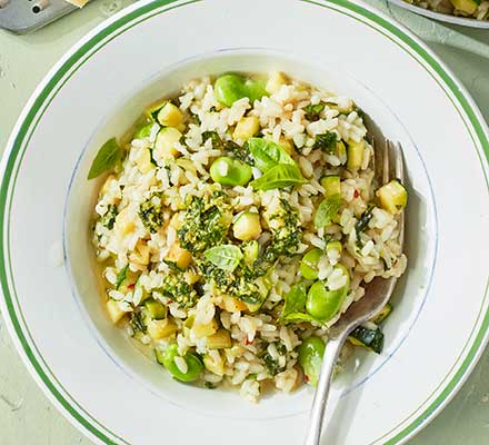 Courgette & broad bean risotto with basil pesto