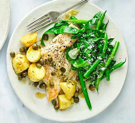 Chicken piccata with garlicky greens & new potatoes