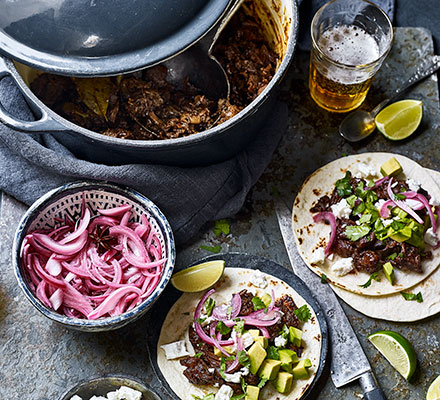 Barbacoa pulled-beef tacos