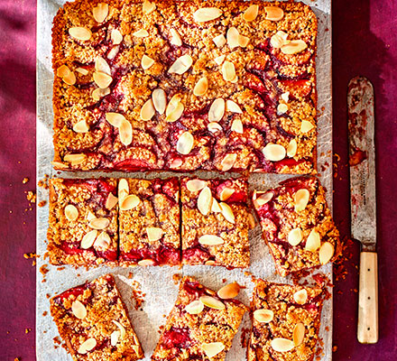 Plum, raspberry jam & cardamom crumble squares