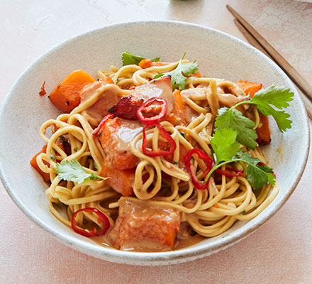 Roast squash with chilli & peanut noodles