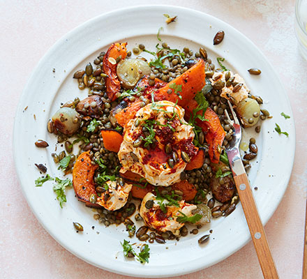 Slow-roast squash & garlic lentils with harissa yogurt