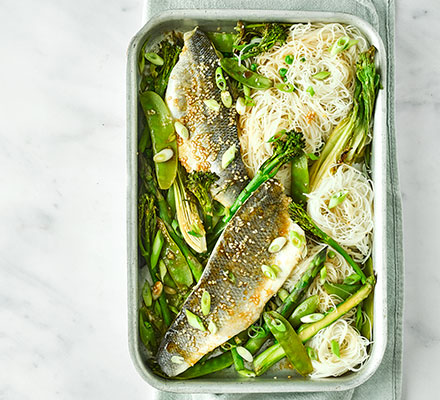 Sticky soy sea bass & greens traybake