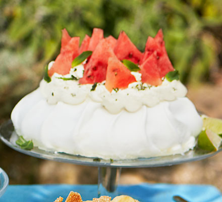 Watermelon, lime and mint sugar pavlova