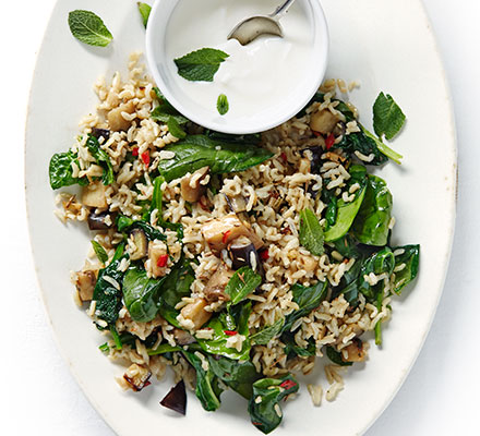 Aubergine pilau with garlicky yogurt