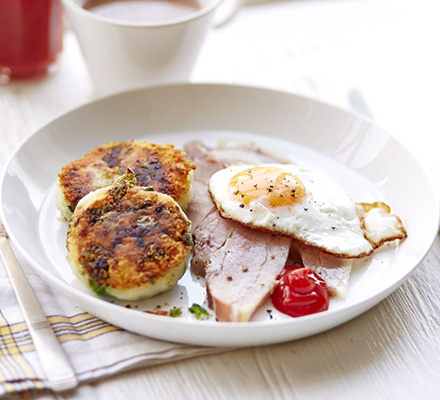 Braised bacon with colcannon cakes