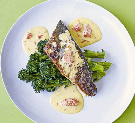 Crisp sea bass with grapefruit hollandaise