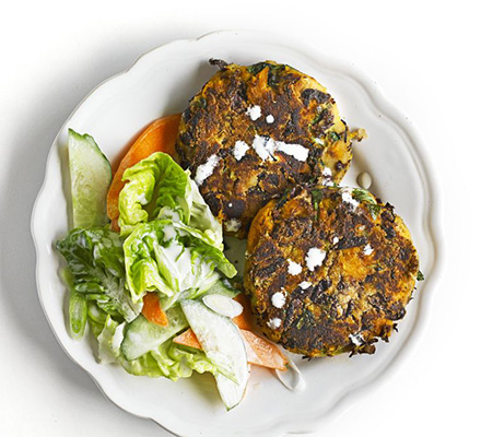 Smoky sweet potato & bean cakes with citrus salad