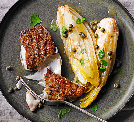 Braised chicory with pan-fried home salt cod