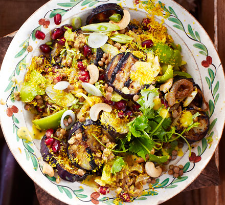 Charred aubergine salad with sugar-spice onions