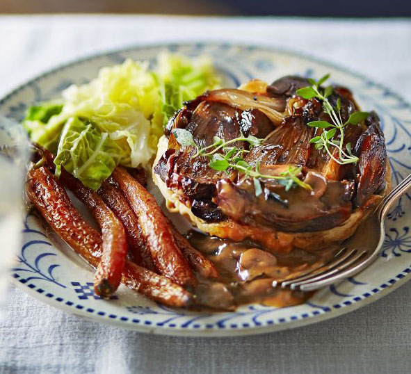 Chestnut & shallot tatins with mushroom & madeira sauce