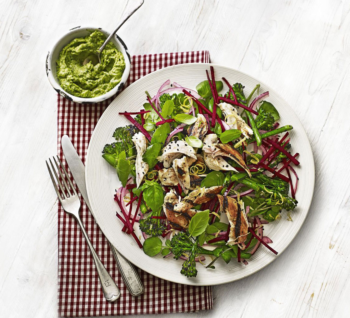 Chicken, broccoli & beetroot salad with avocado pesto