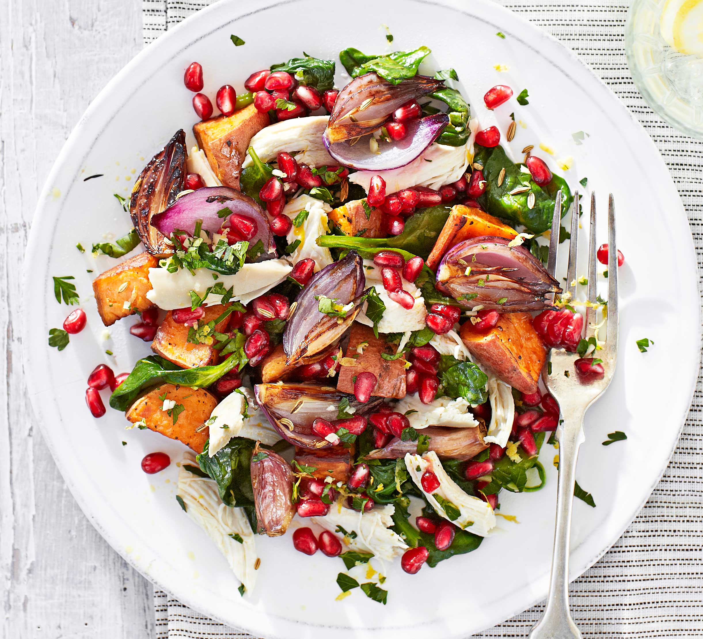 Roast chicken with sweet potato gremolata salad