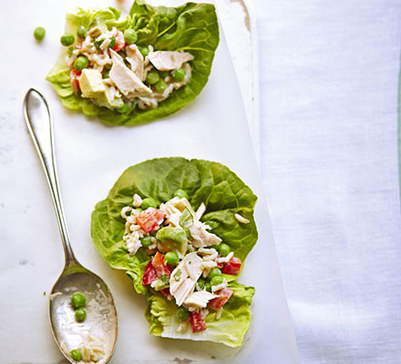 Tuna, avocado & pea salad in Baby Gem lettuce wraps