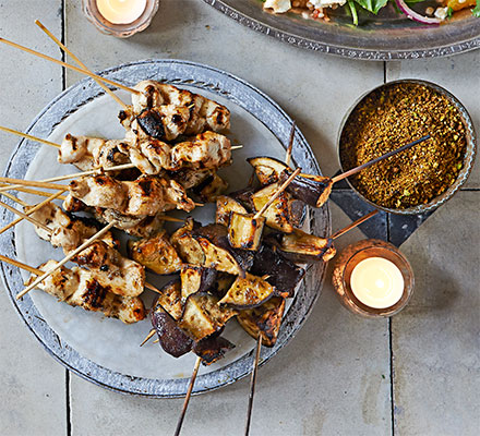 Honey & cumin chicken and aubergine skewers with pistachio dukkah