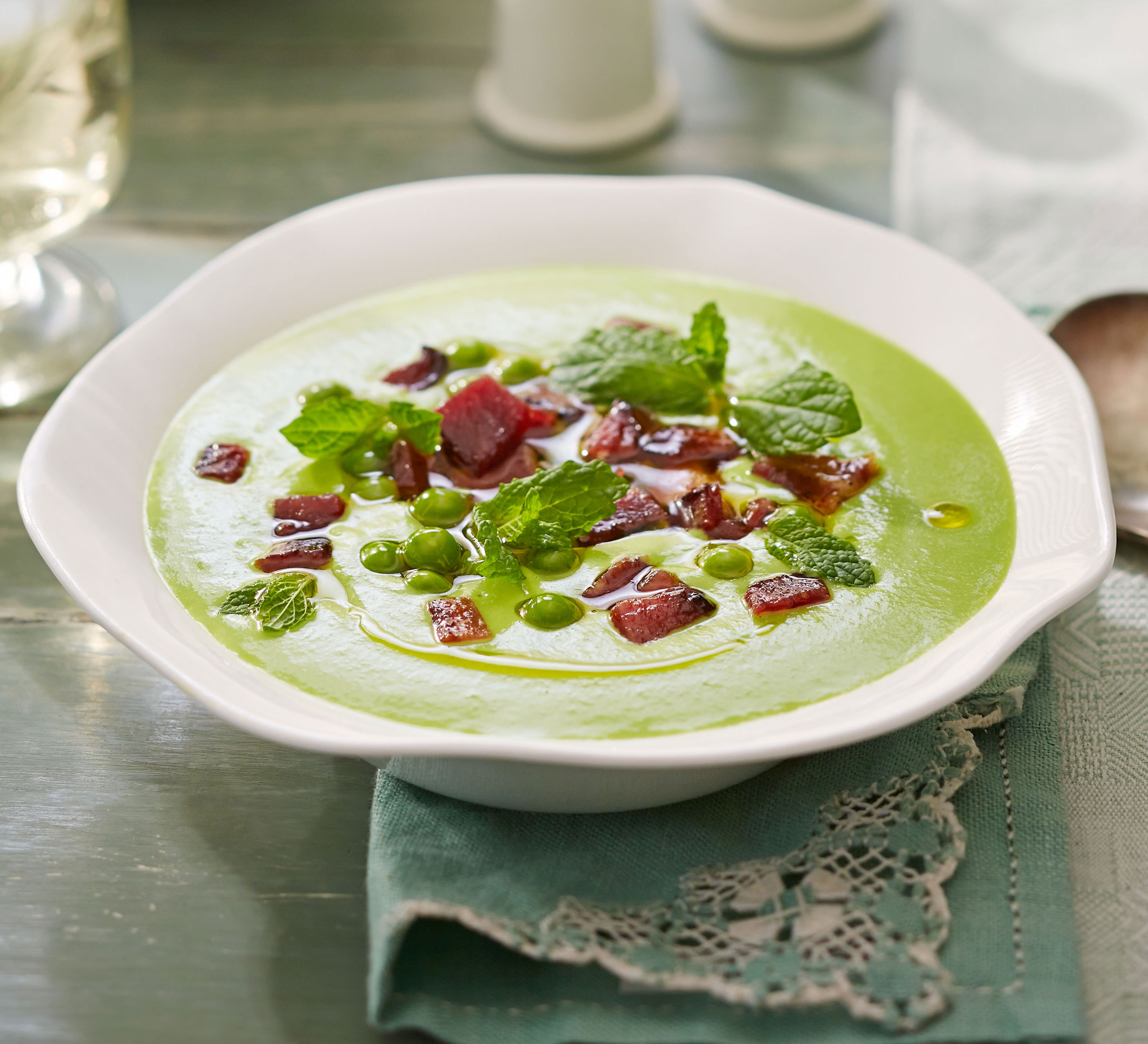 Chilled pea soup with frozen mint & malt vinegar