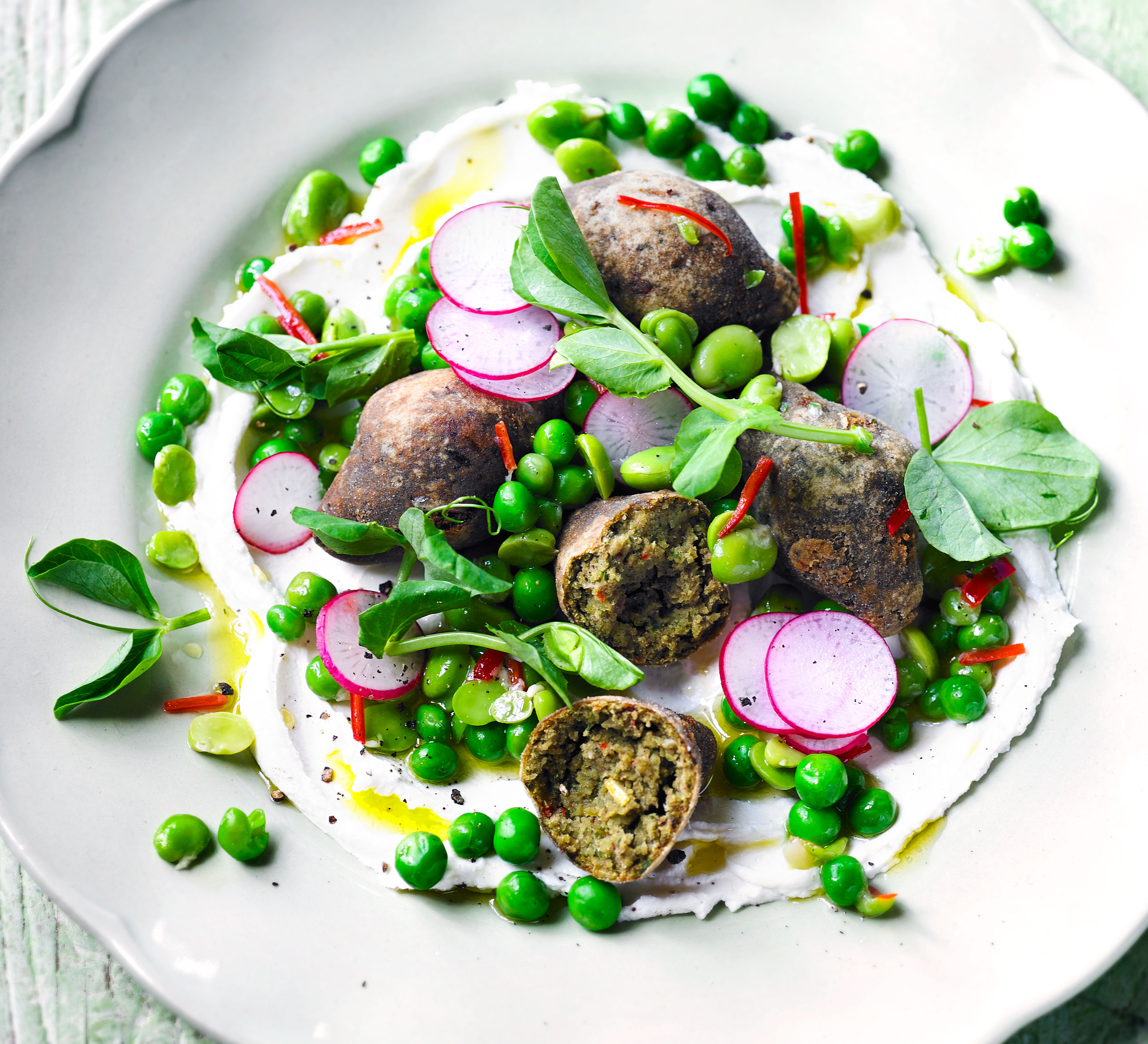 Chilli broad bean fritters with homemade labneh