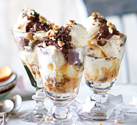 Chocolate sundaes with pear & Christmas pud