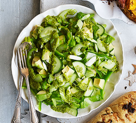 Chopped green salad with herby chilli dressing