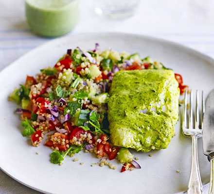 Spiced cod with quinoa salad & mint chutney