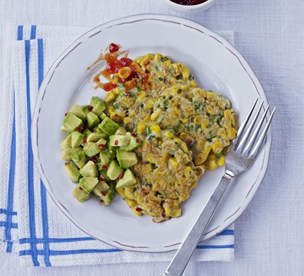 Corn & green bean cakes with avocado & chilli jam