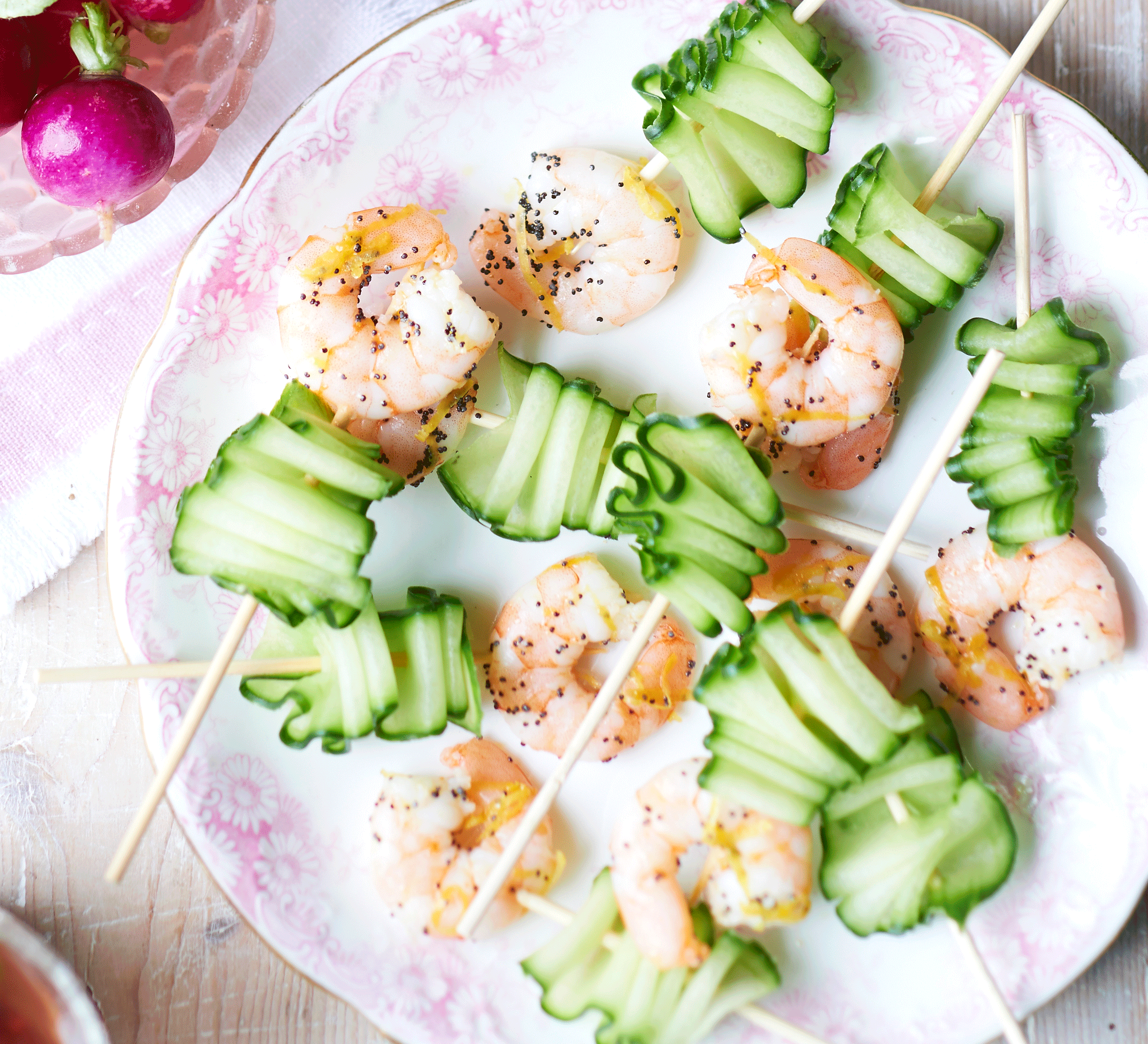 Chilled cucumber & prawn skewers