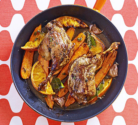 Tender roast duck with citrus & carrots