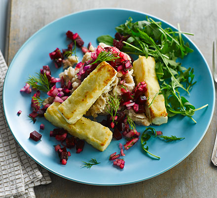 Pan-cooked feta with beetroot salsa & bean mash