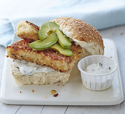 Crispy sesame fish burger with lime mayo