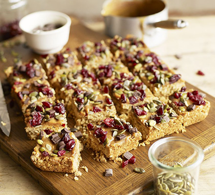 Cranberry, pumpkin seed & caramel flapjacks