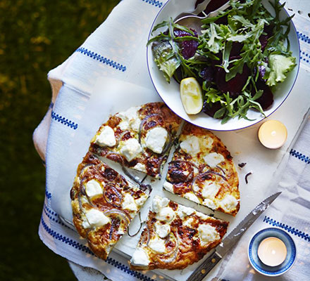 Goat’s cheese & caramelised onion frittata with a lemony green salad