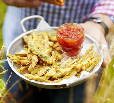 Asparagus & courgette fritters with fresh tomato & ginger chutney