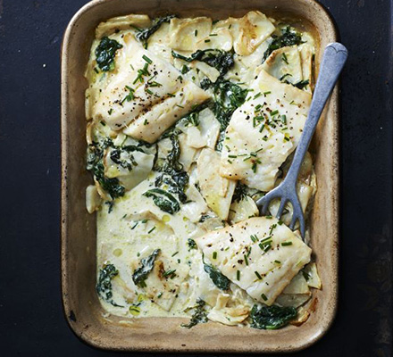 Smoked haddock with celeriac & spinach gratin