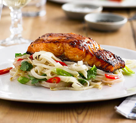 Grilled miso salmon with rice noodles