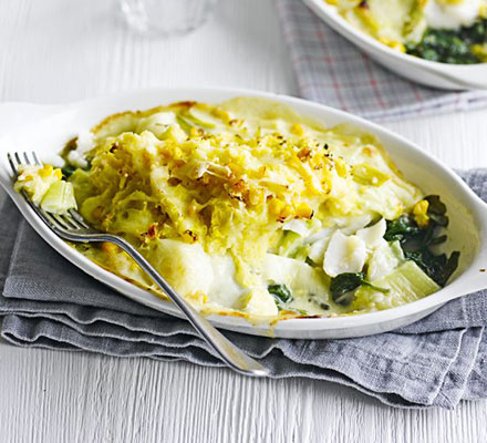 Haddock & leek au gratin with sweetcorn mash