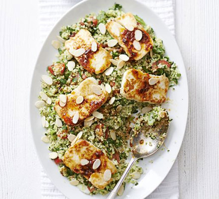 Halloumi with broccoli tabbouleh & honey-harissa dressing