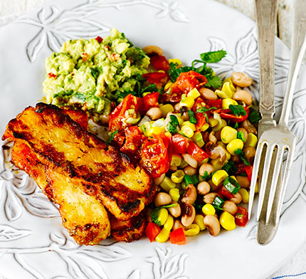 Cajun grilled halloumi with lime black-eyed bean salad & guacamole