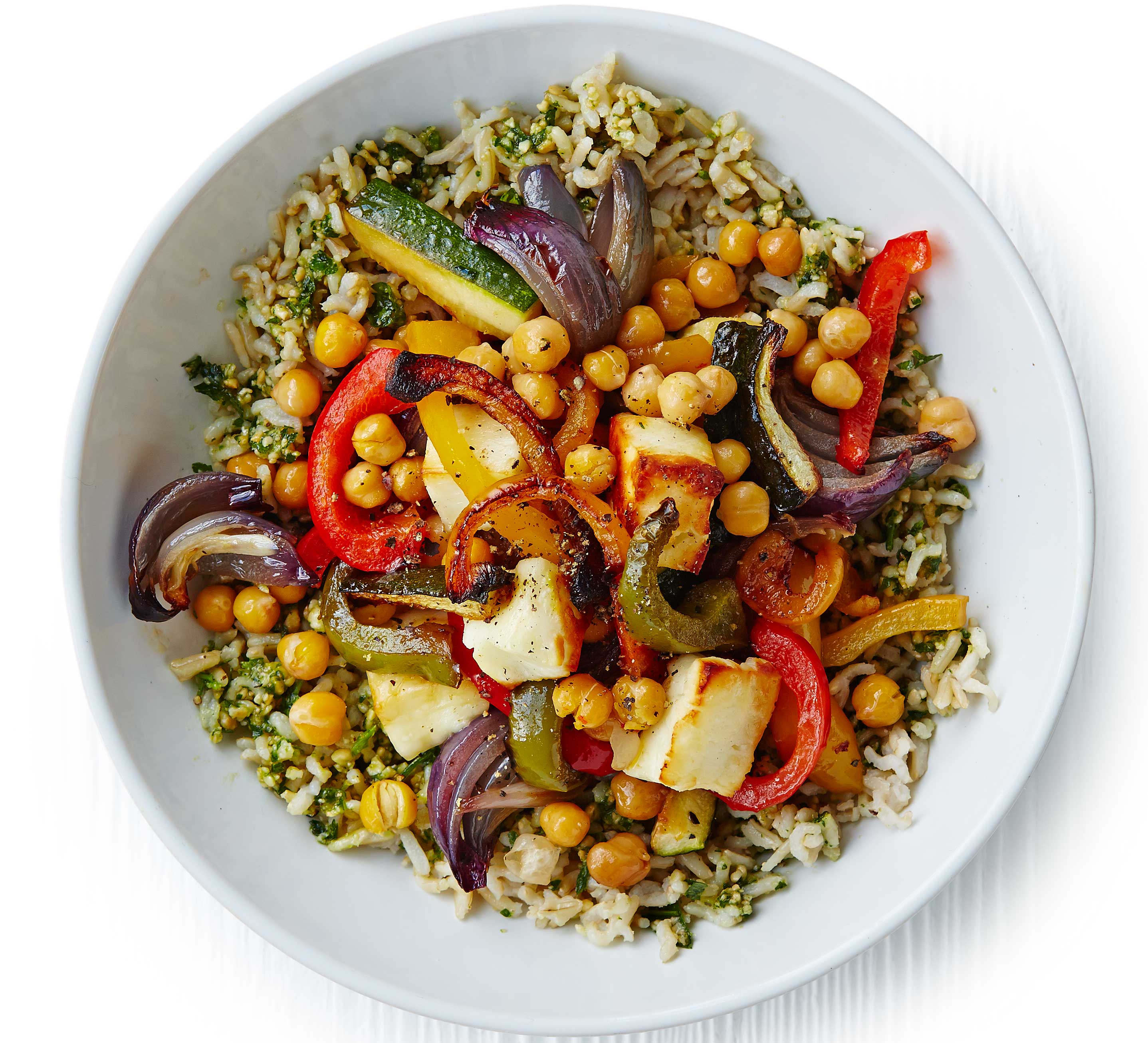 Herby rice with roasted veg, chickpeas & halloumi