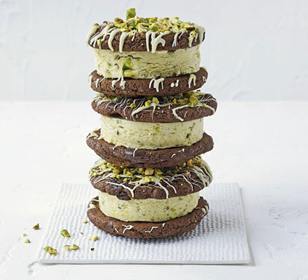 Double choc & pistachio ice cream sandwiches